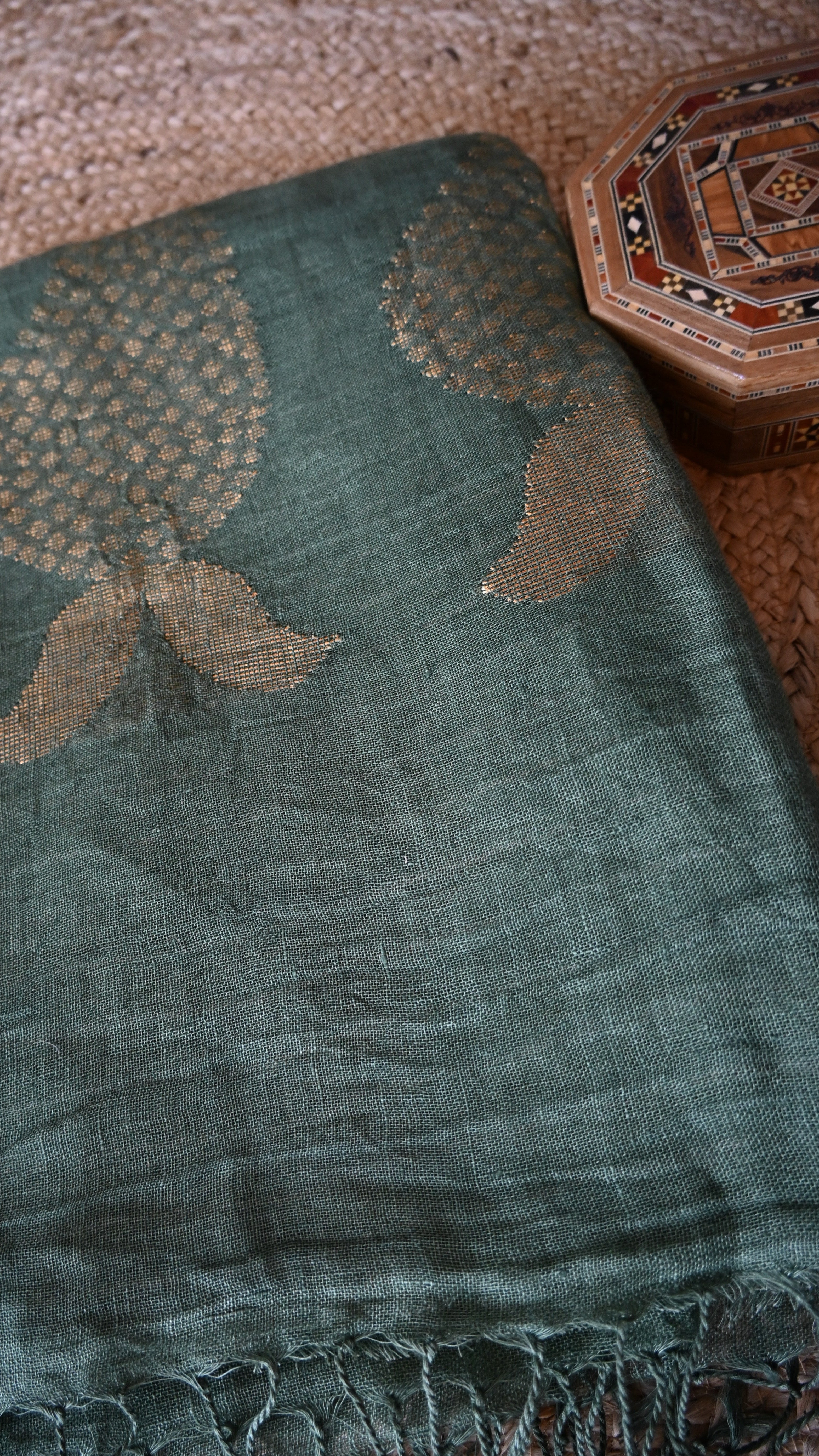 Pure Linen Olive Green Full Zari Stripe Saree