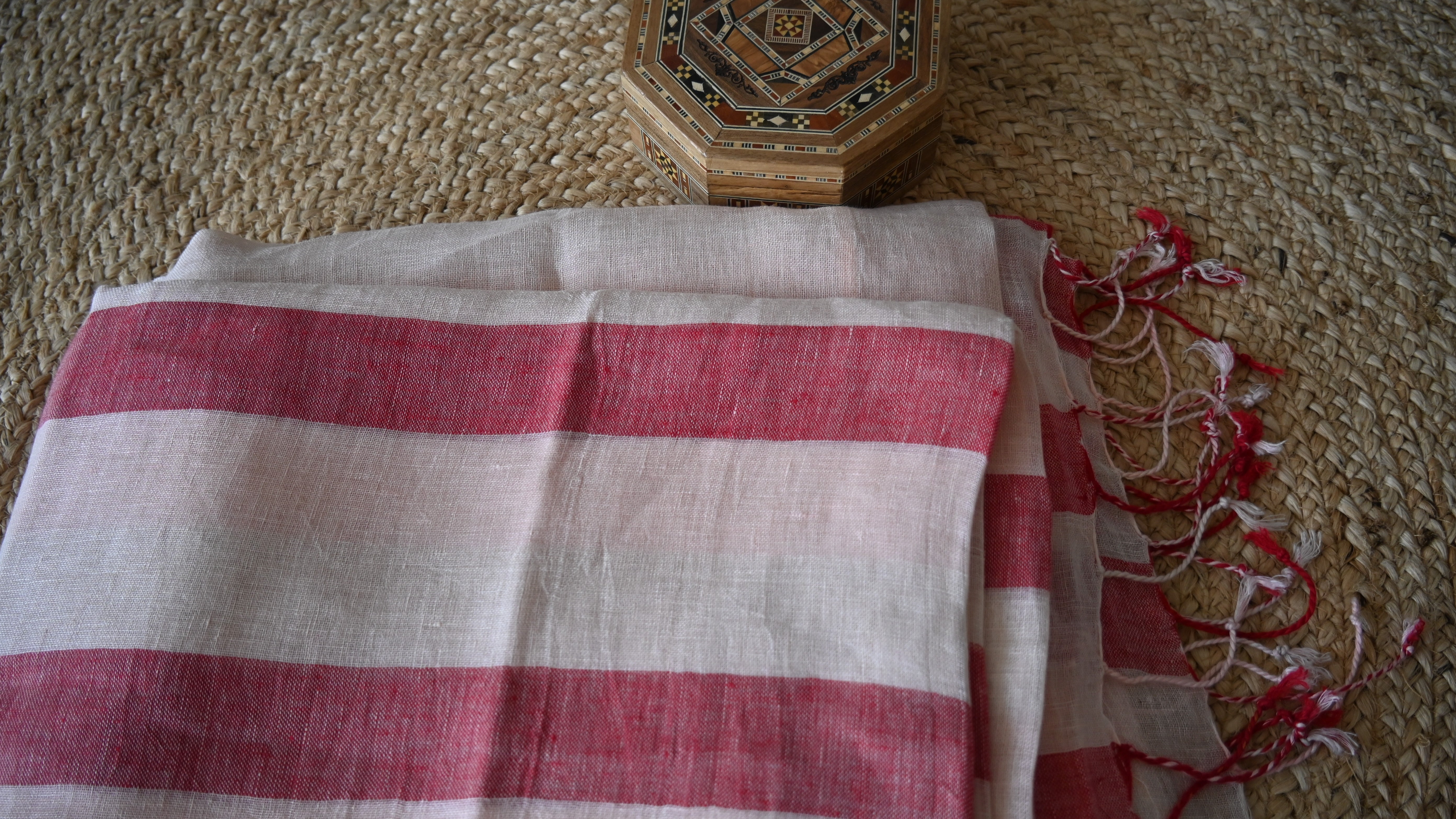 Pure Linen Red and White Full Body Stripes Saree