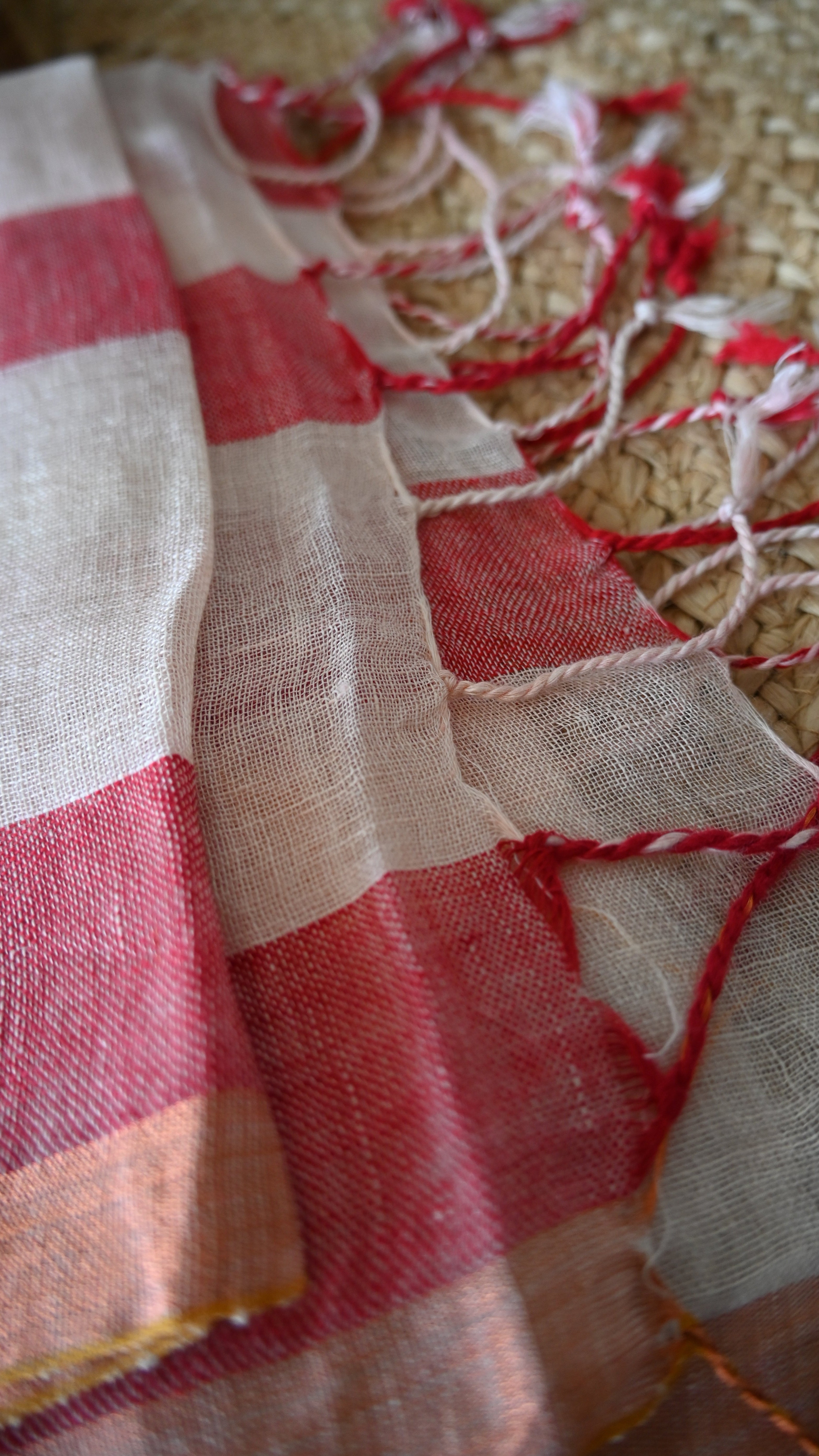 Pure Linen Red and White Full Body Stripes Saree