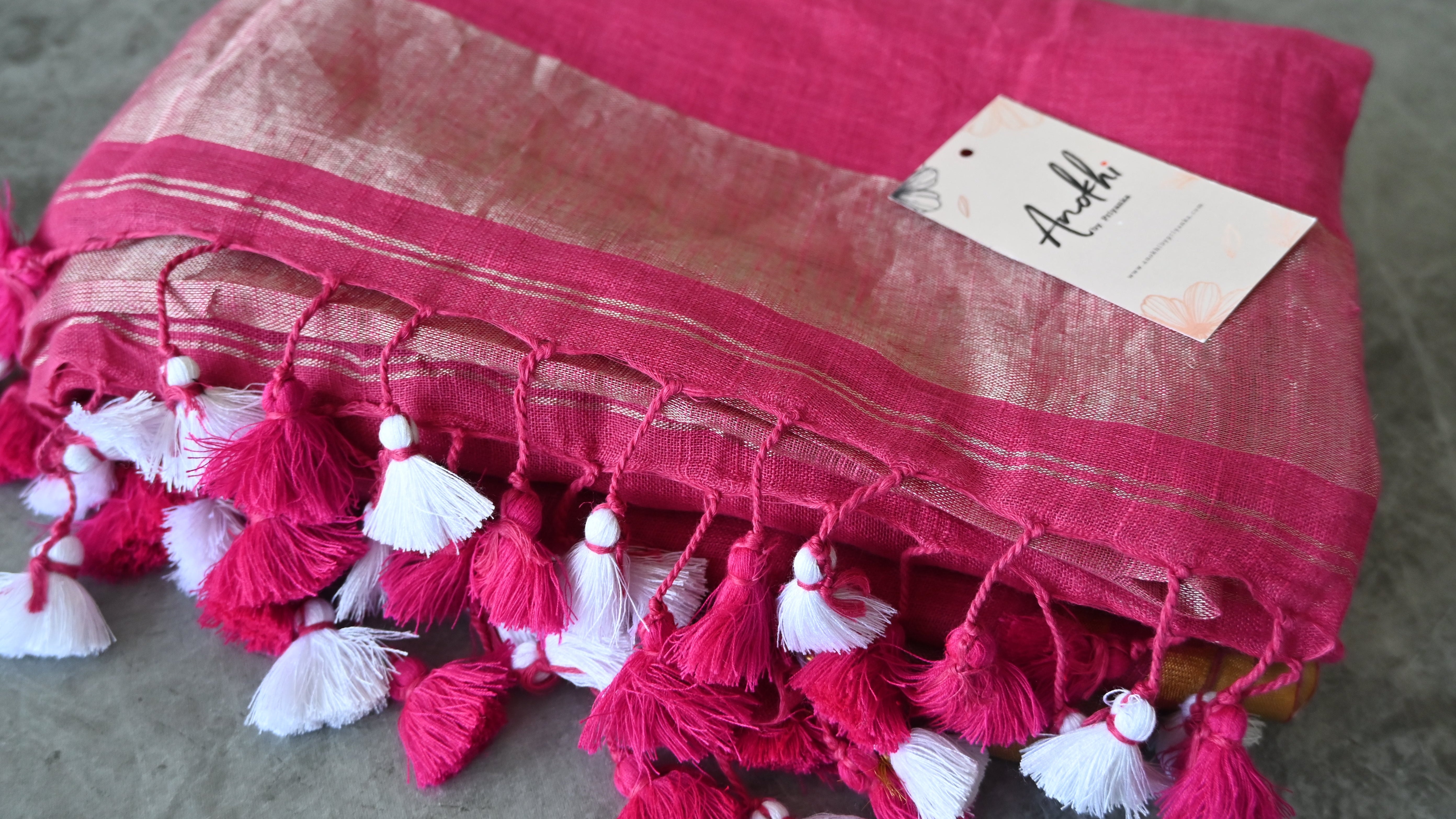 Pure Linen Zari Tissue Handwoven  Pink Saree