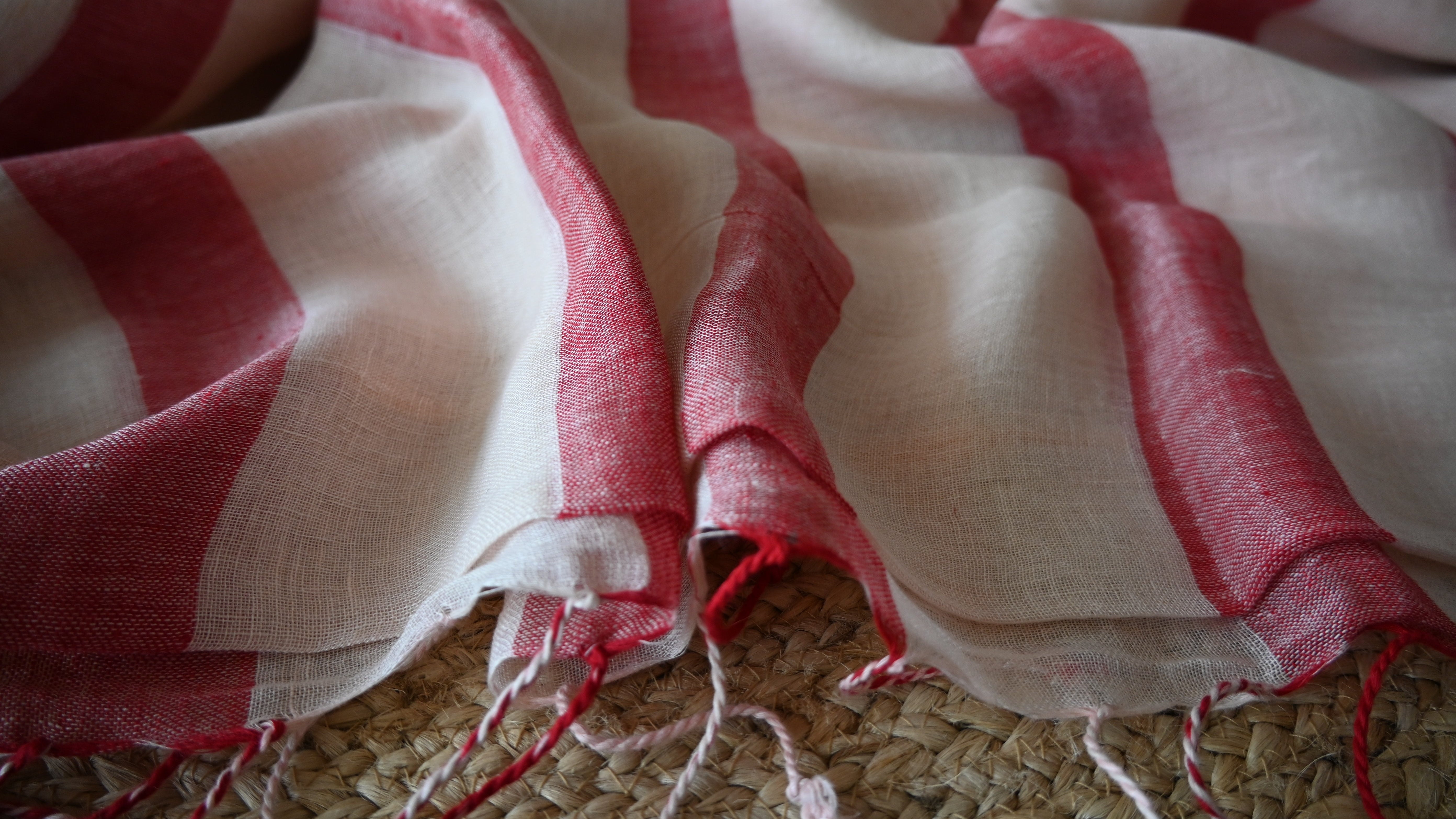 Pure Linen Red and White Full Body Stripes Saree