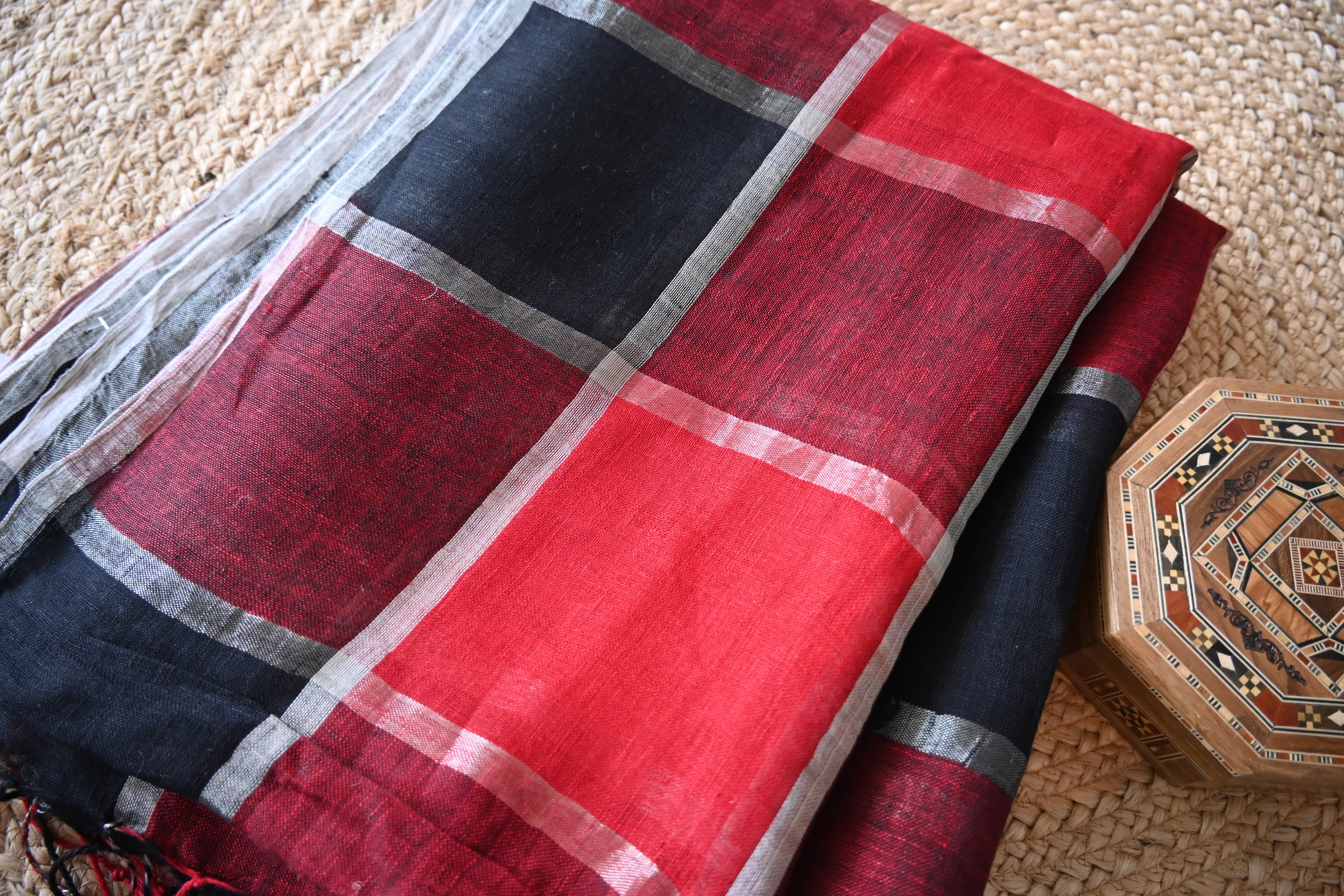 Pure Linen Red and Black Full Body Checks Saree