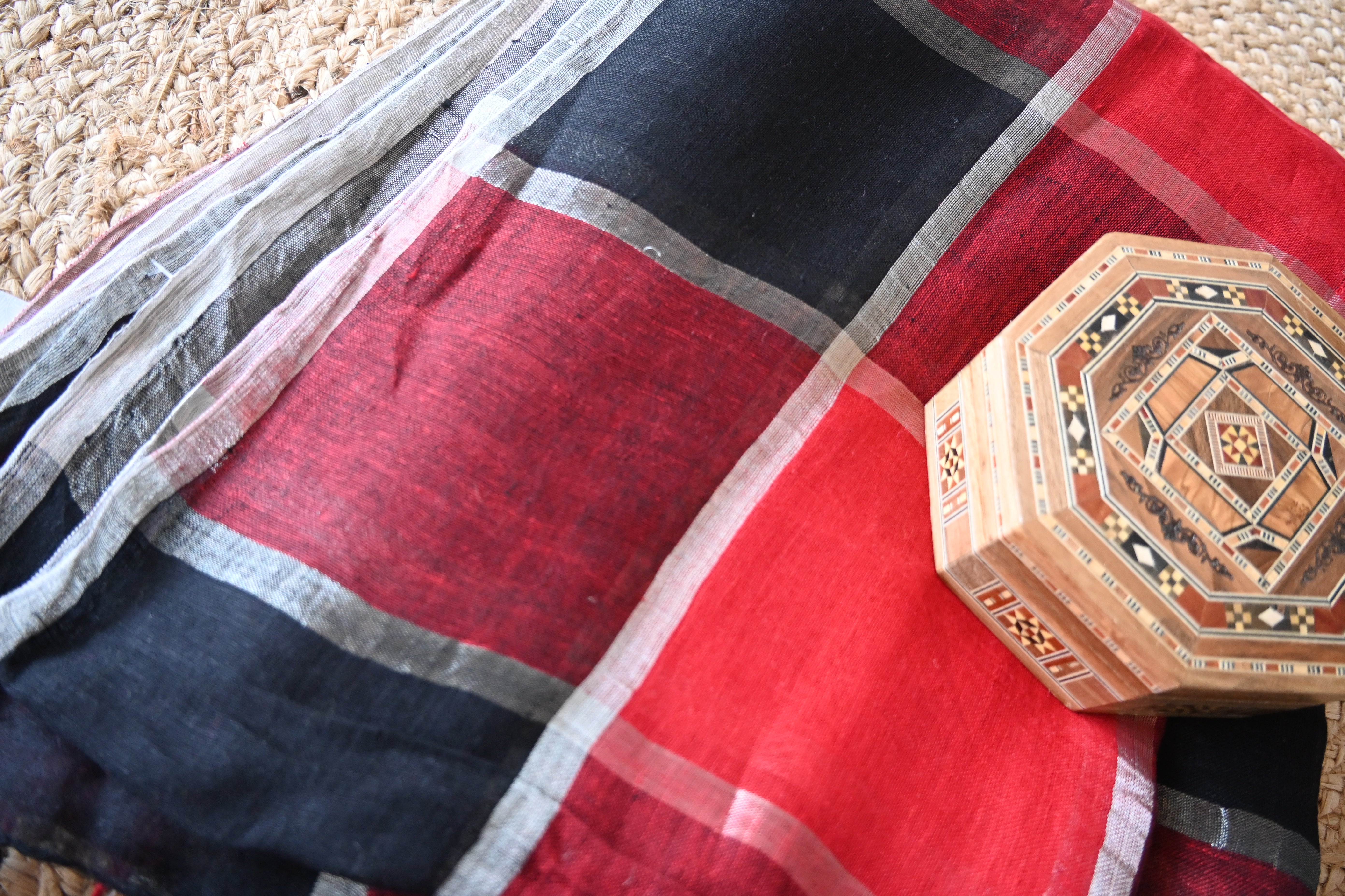 Pure Linen Red and Black Full Body Checks Saree