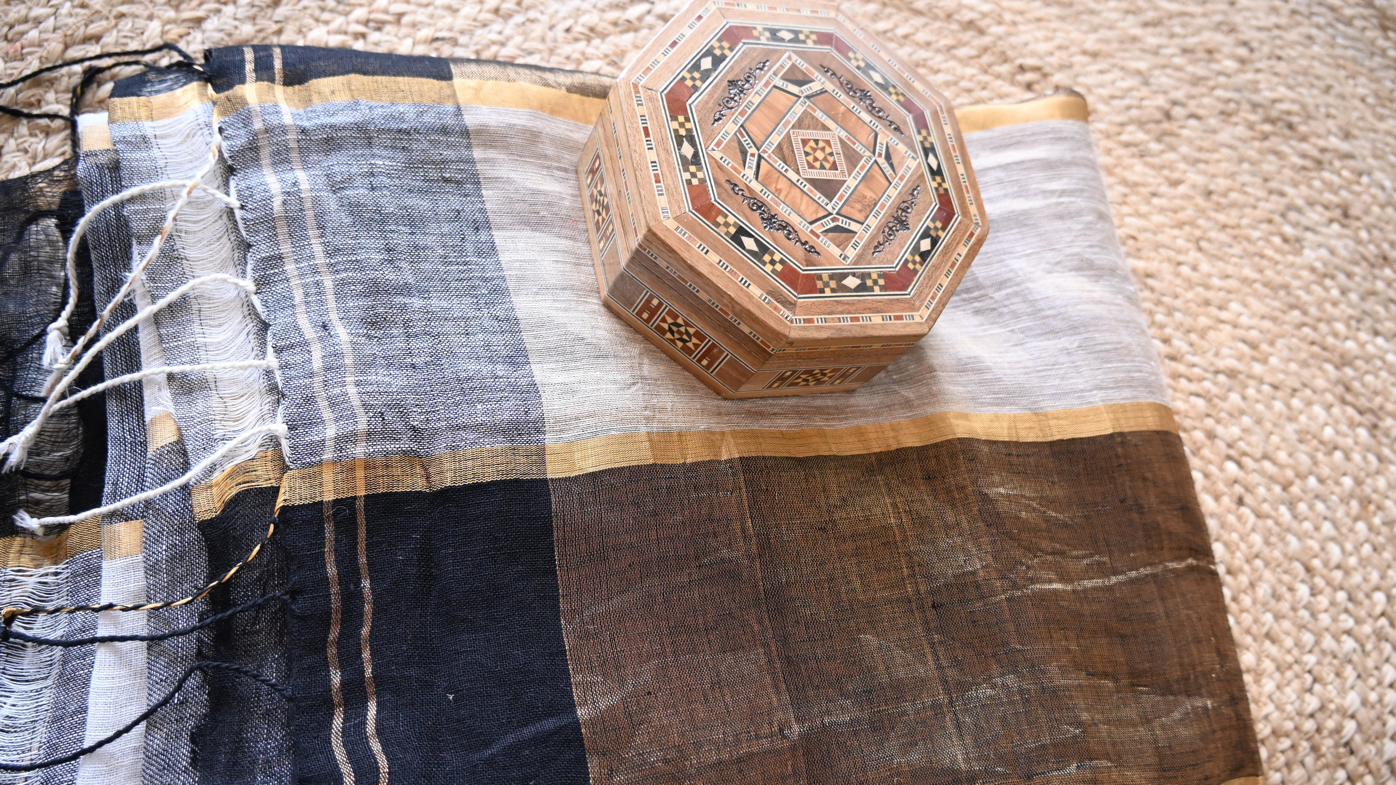 Pure Linen White and Black Check saree