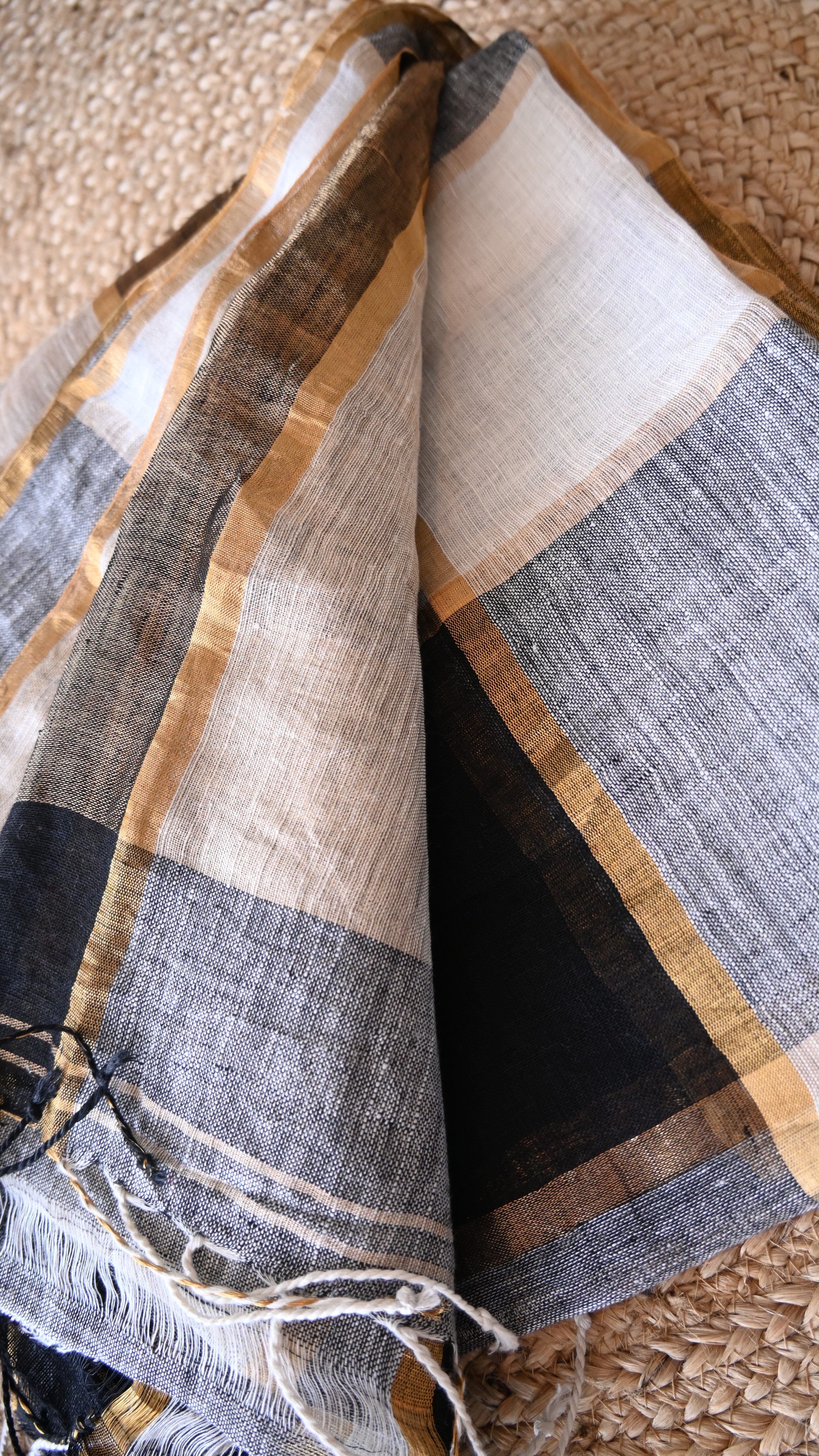 Pure Linen White and Black Check saree