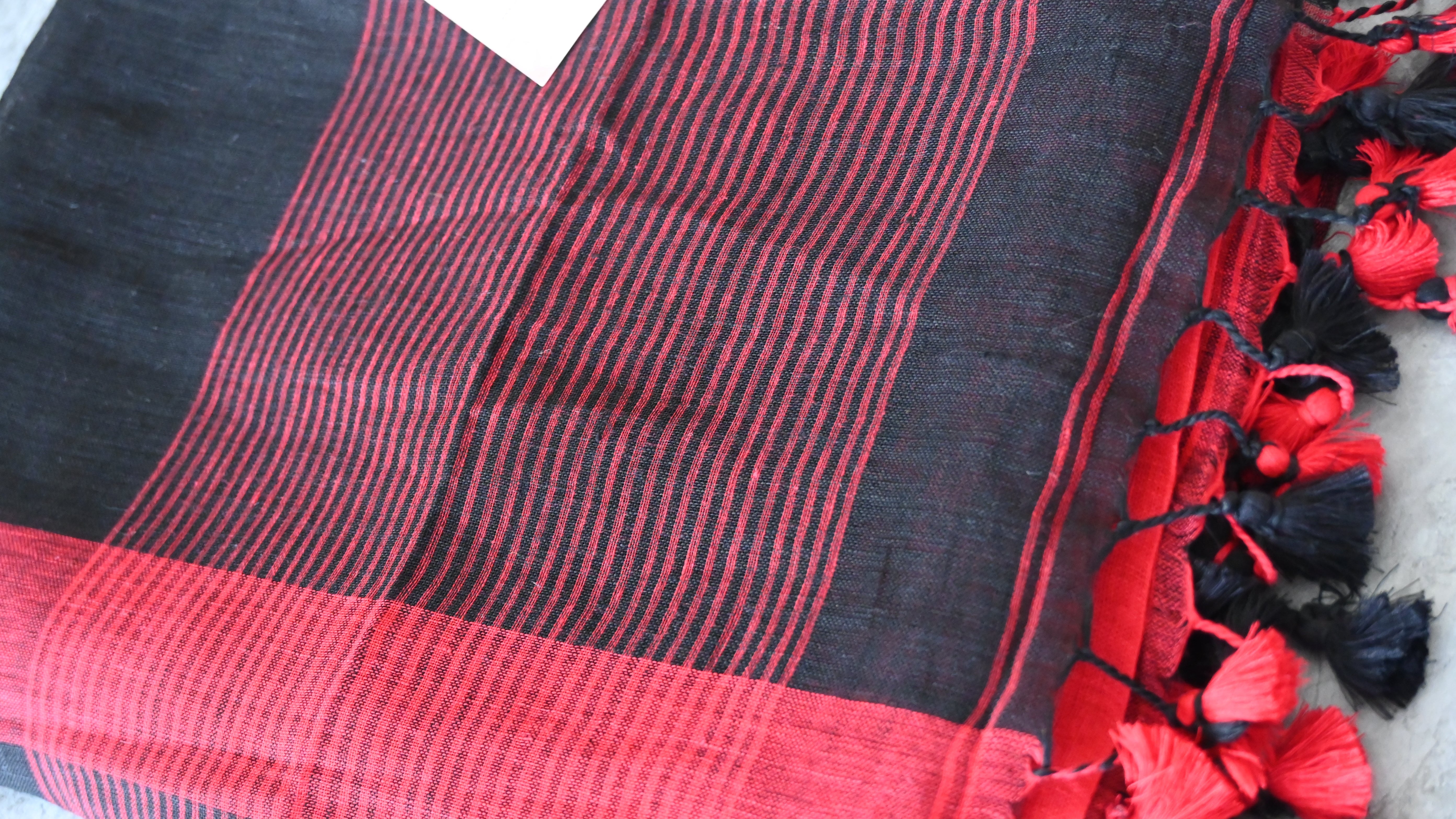 Pure Linen Black and Red checks Handwoven Saree