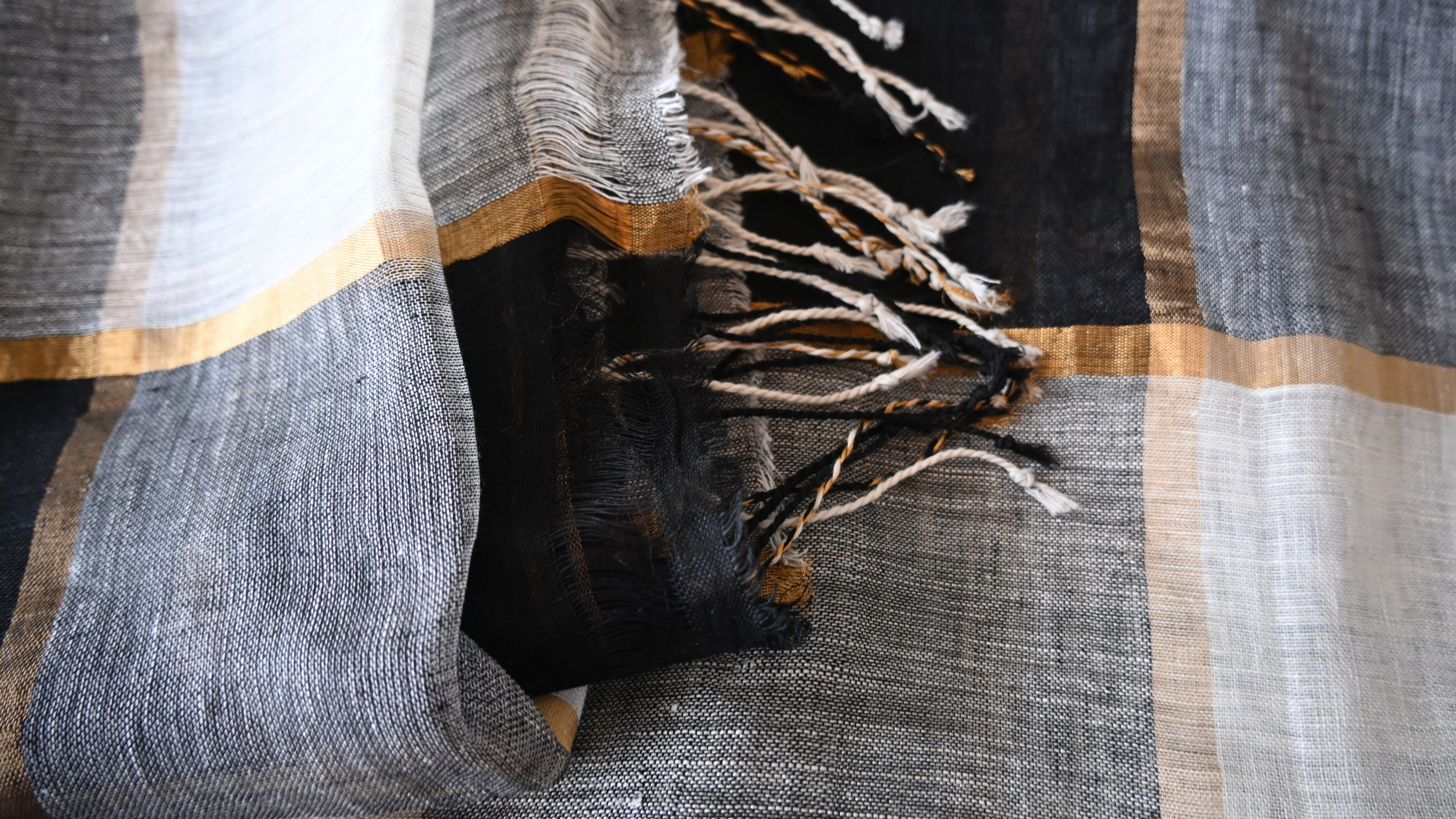 Pure Linen White and Black Check saree