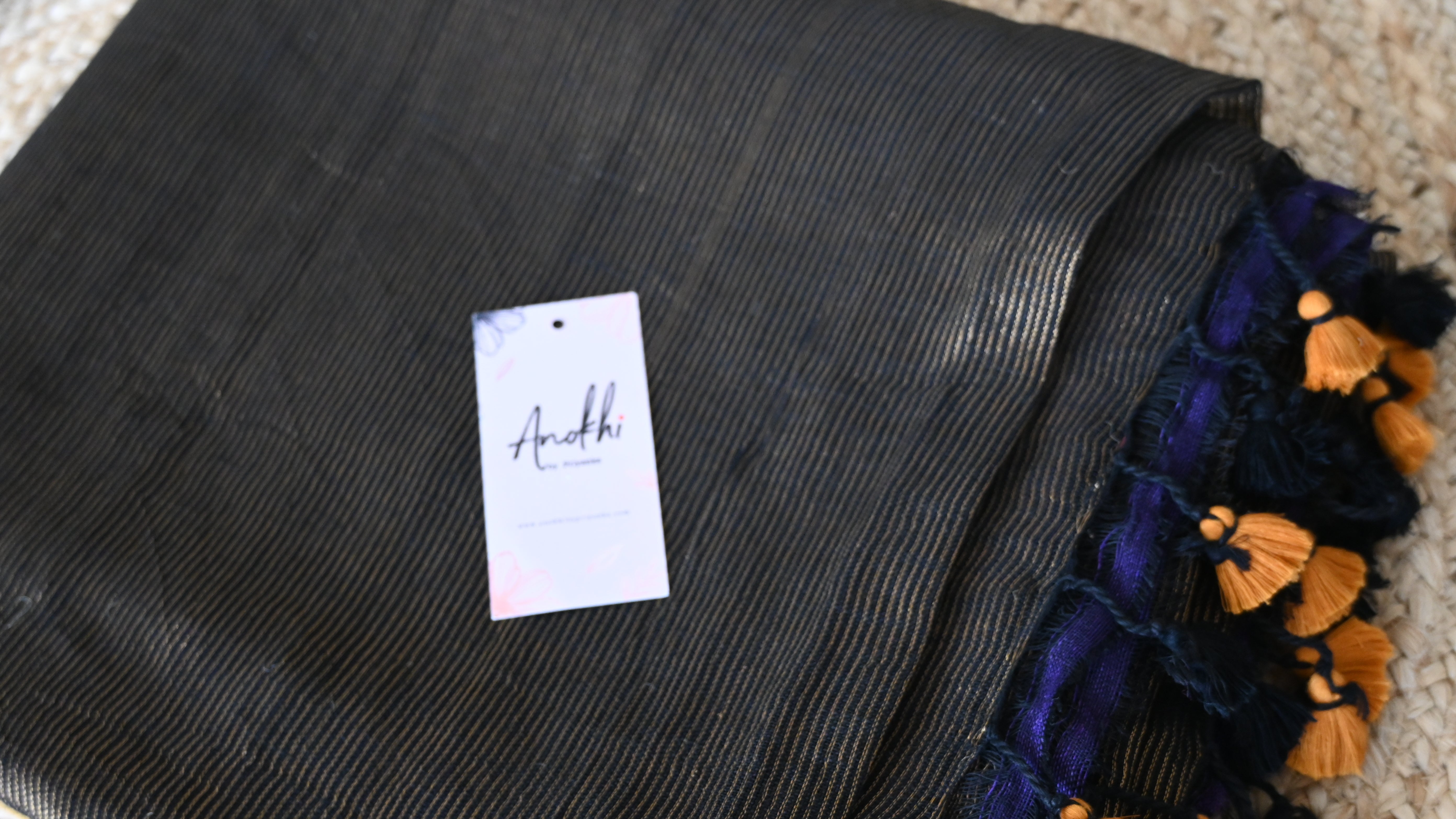 Pure Black Linen Zari Handloom Saree