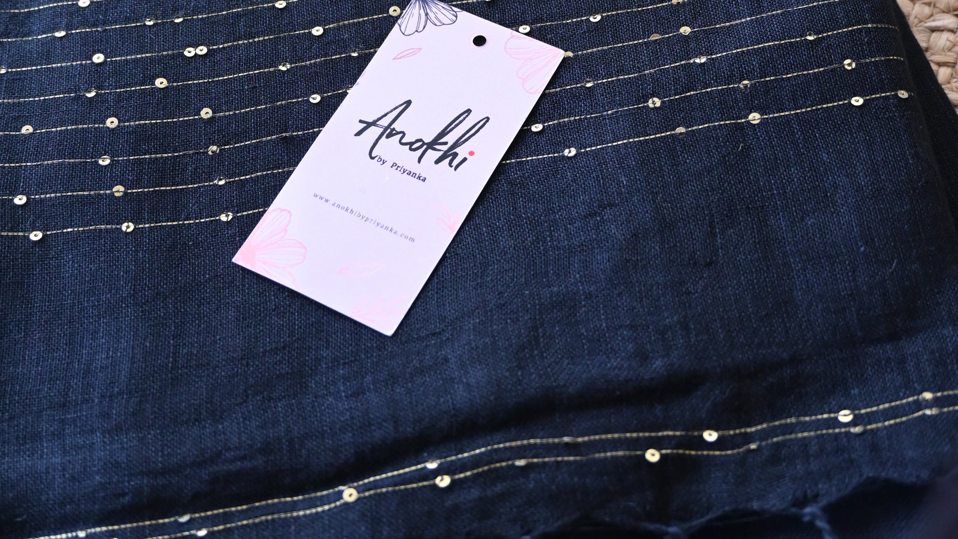 Pure Linen Black Sequin Work Handwoven Saree