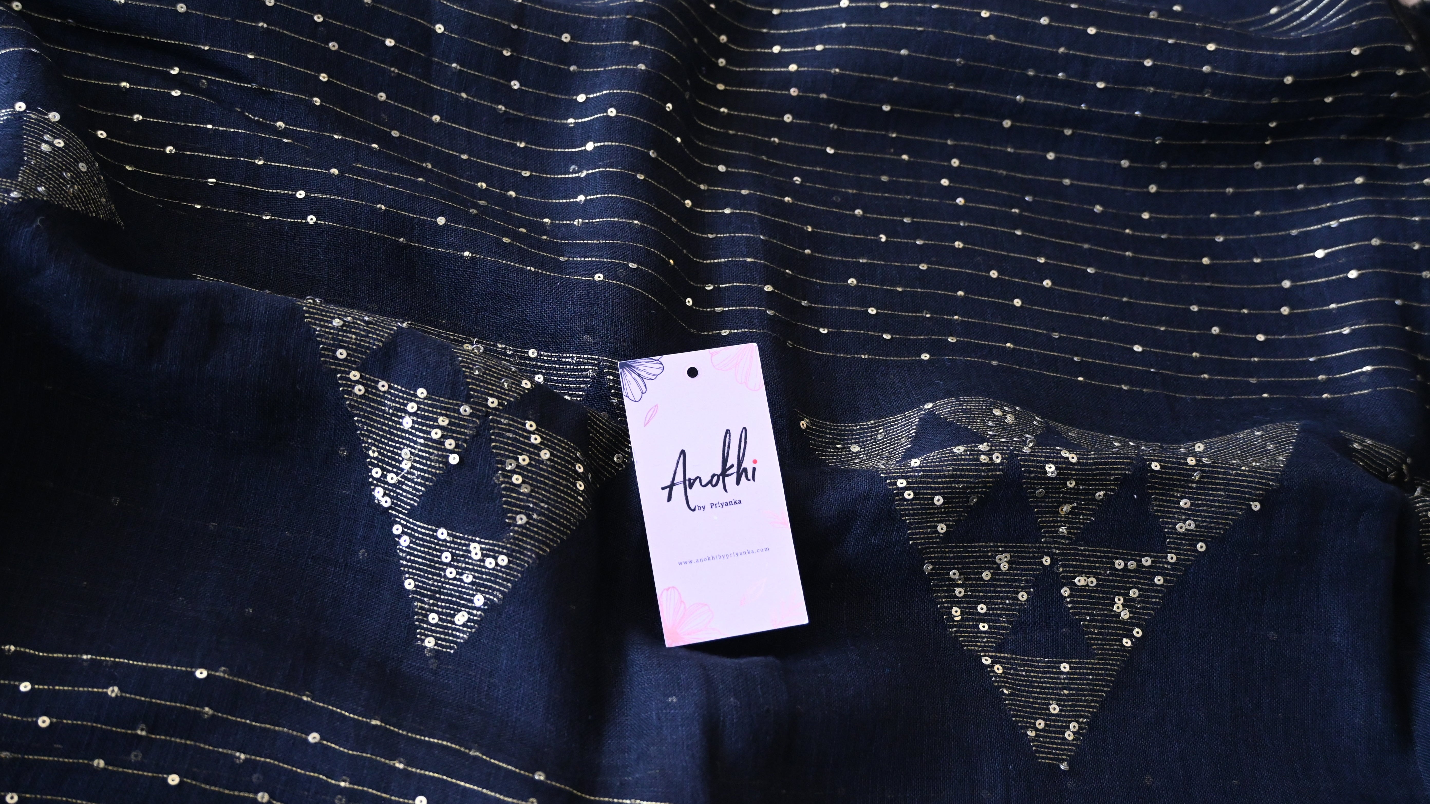 Pure Linen Black Sequin Work Handwoven Saree