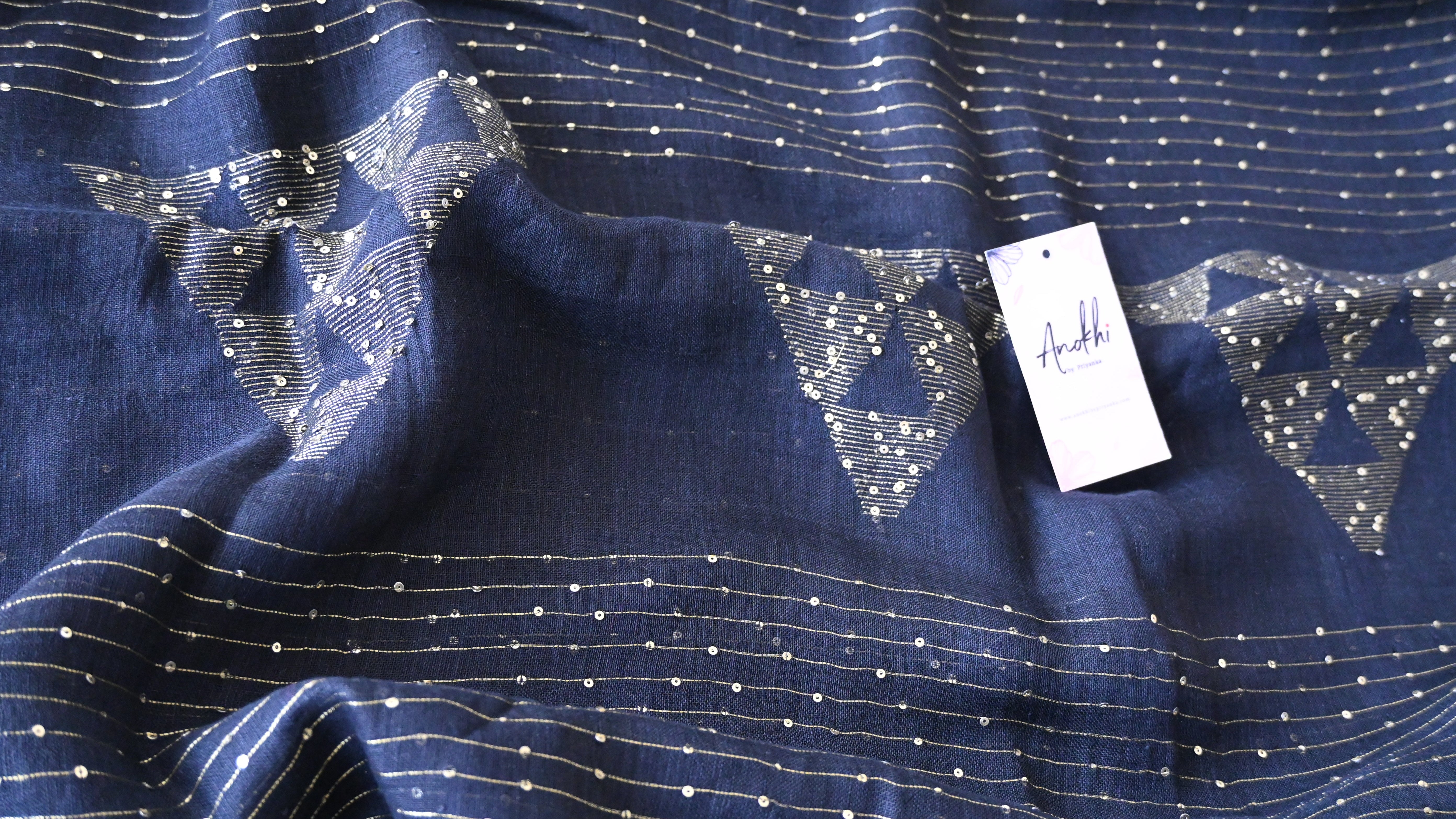 Pure Linen Black Sequin Work Handwoven Saree