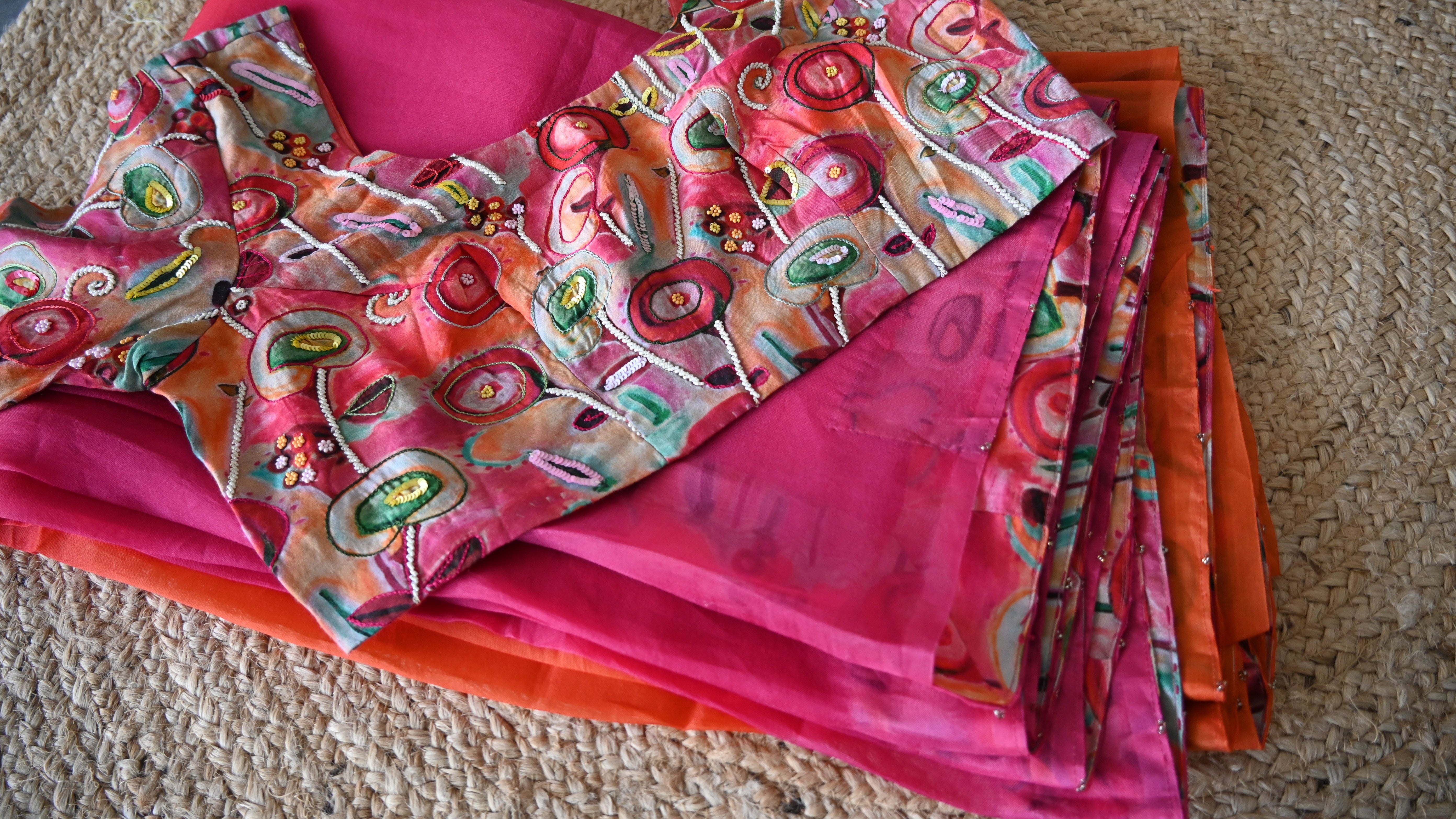 Pure Organza Dual Shed Patch Work Saree