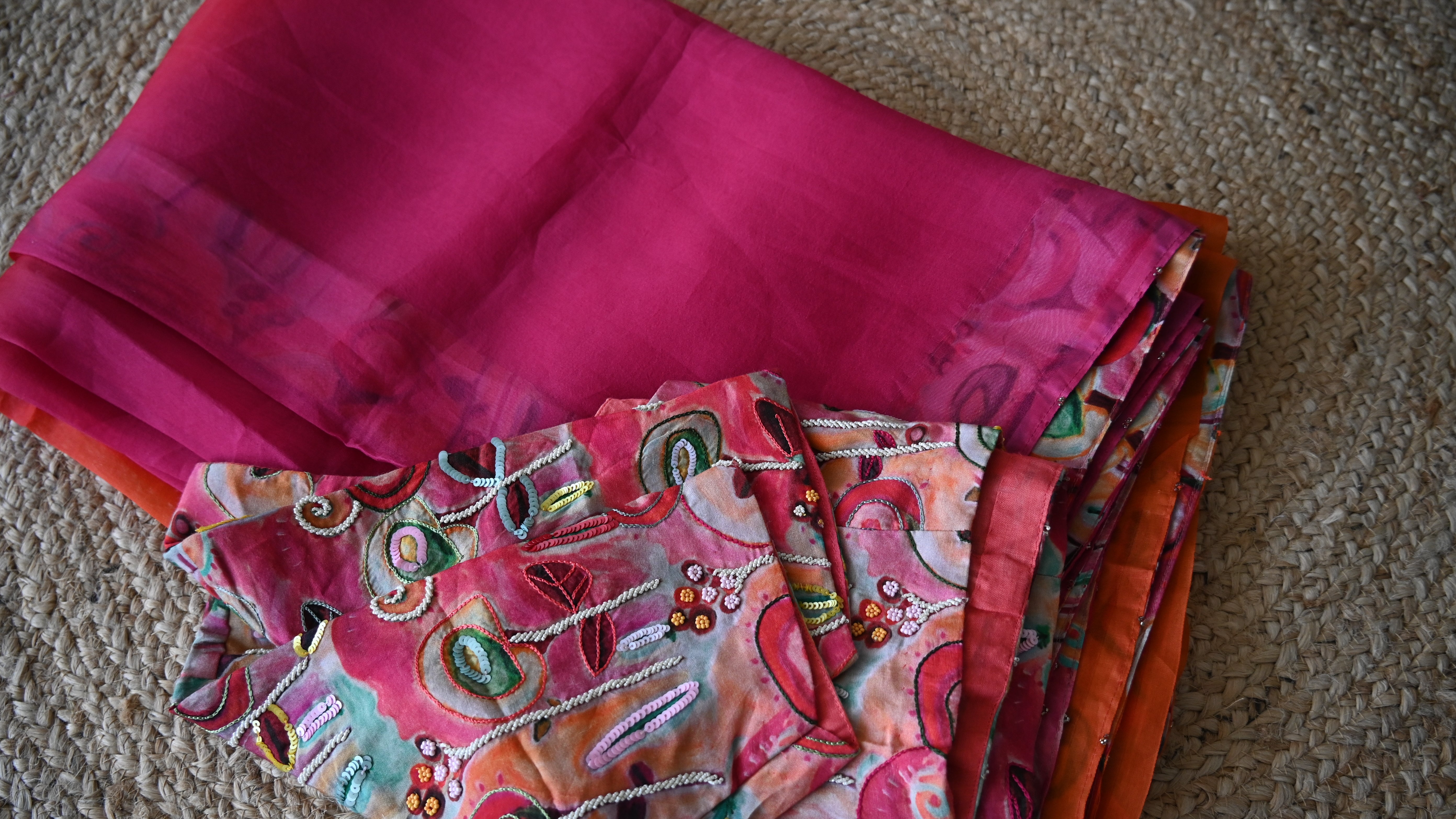 Pure Organza Dual Shed Patch Work Saree