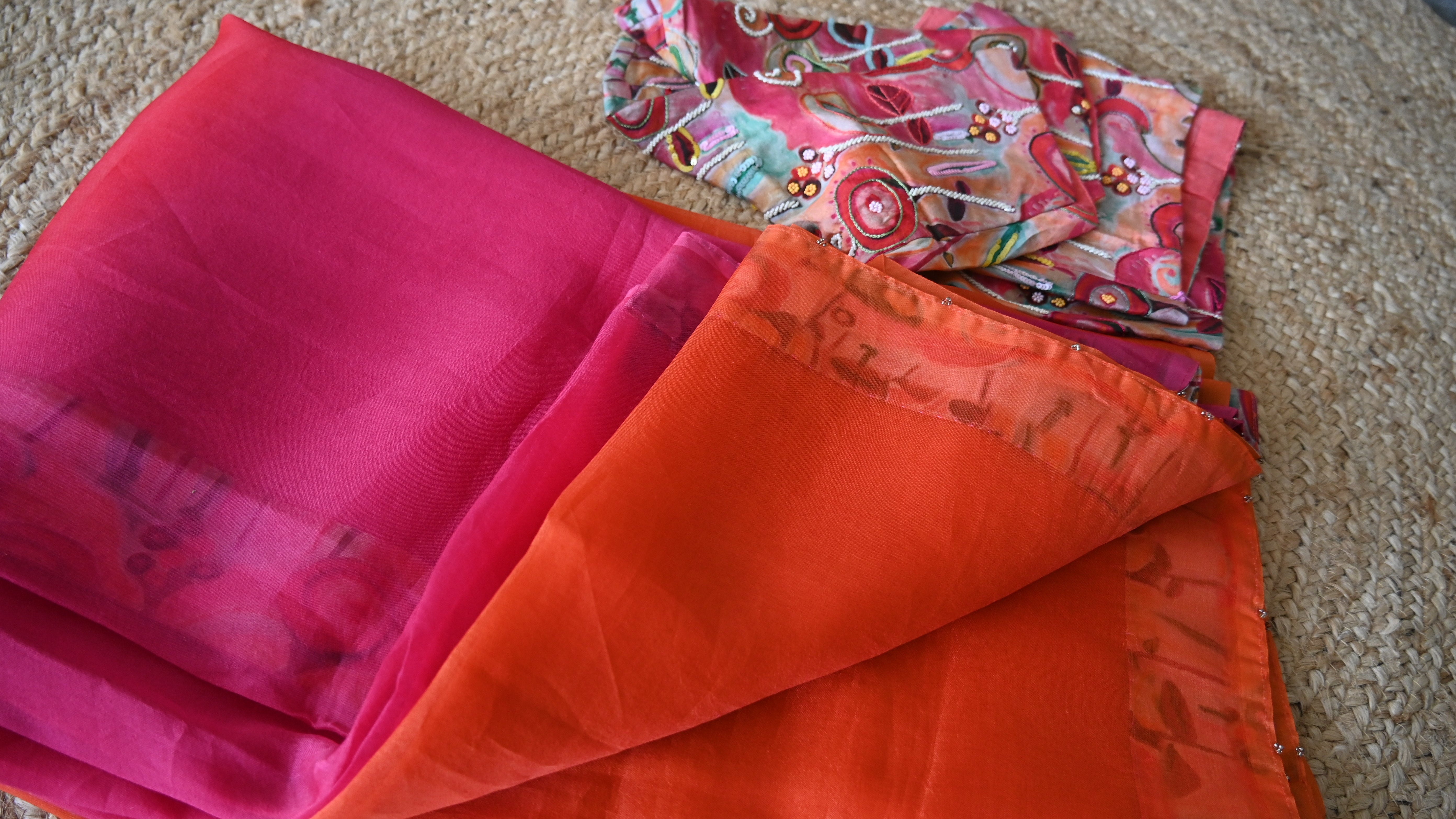 Pure Organza Dual Shed Patch Work Saree