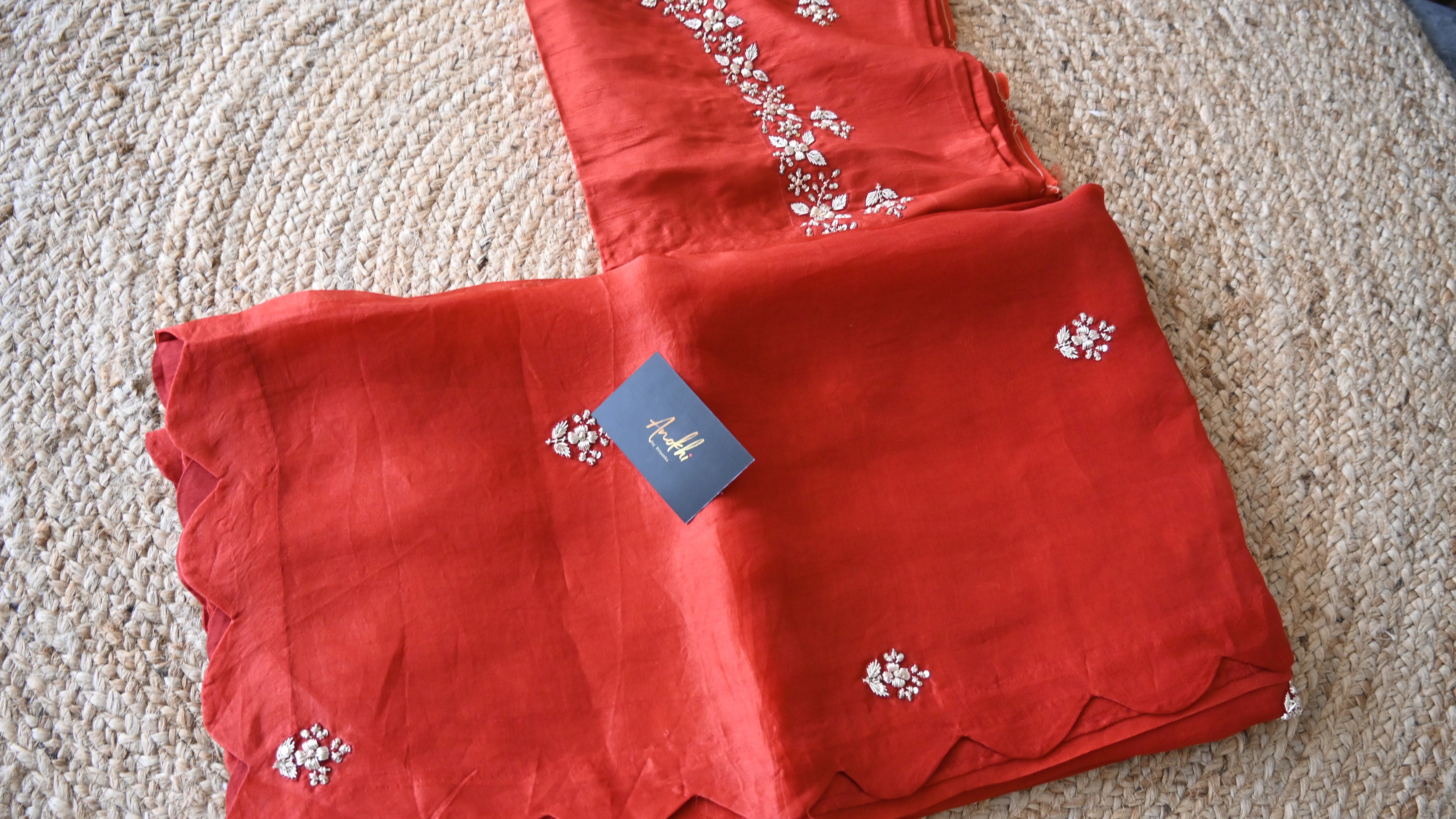 Pure Organza Silk Rust orange Embroidery Saree