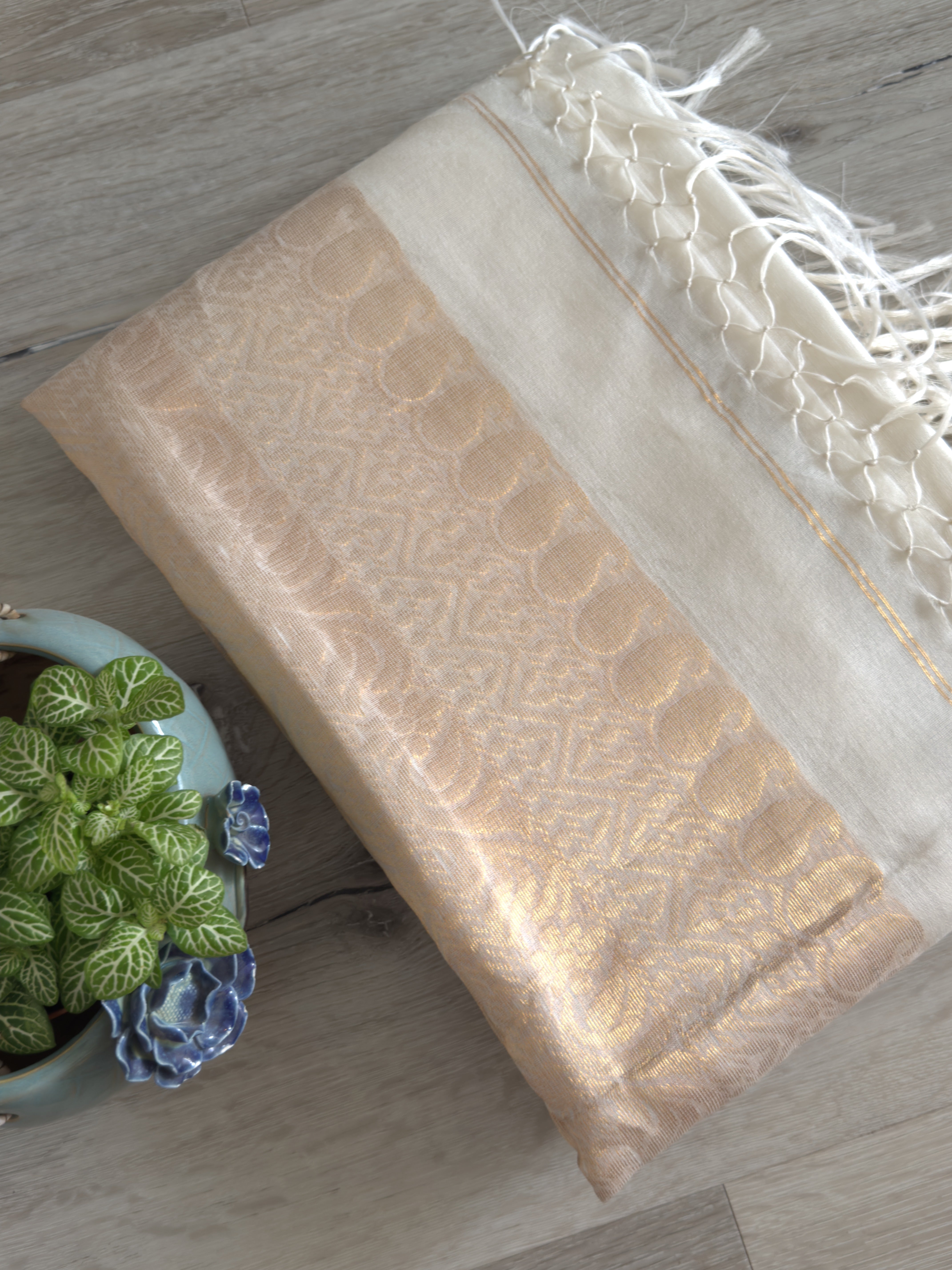 Off White Muslin Silk Flower Motif on Border
