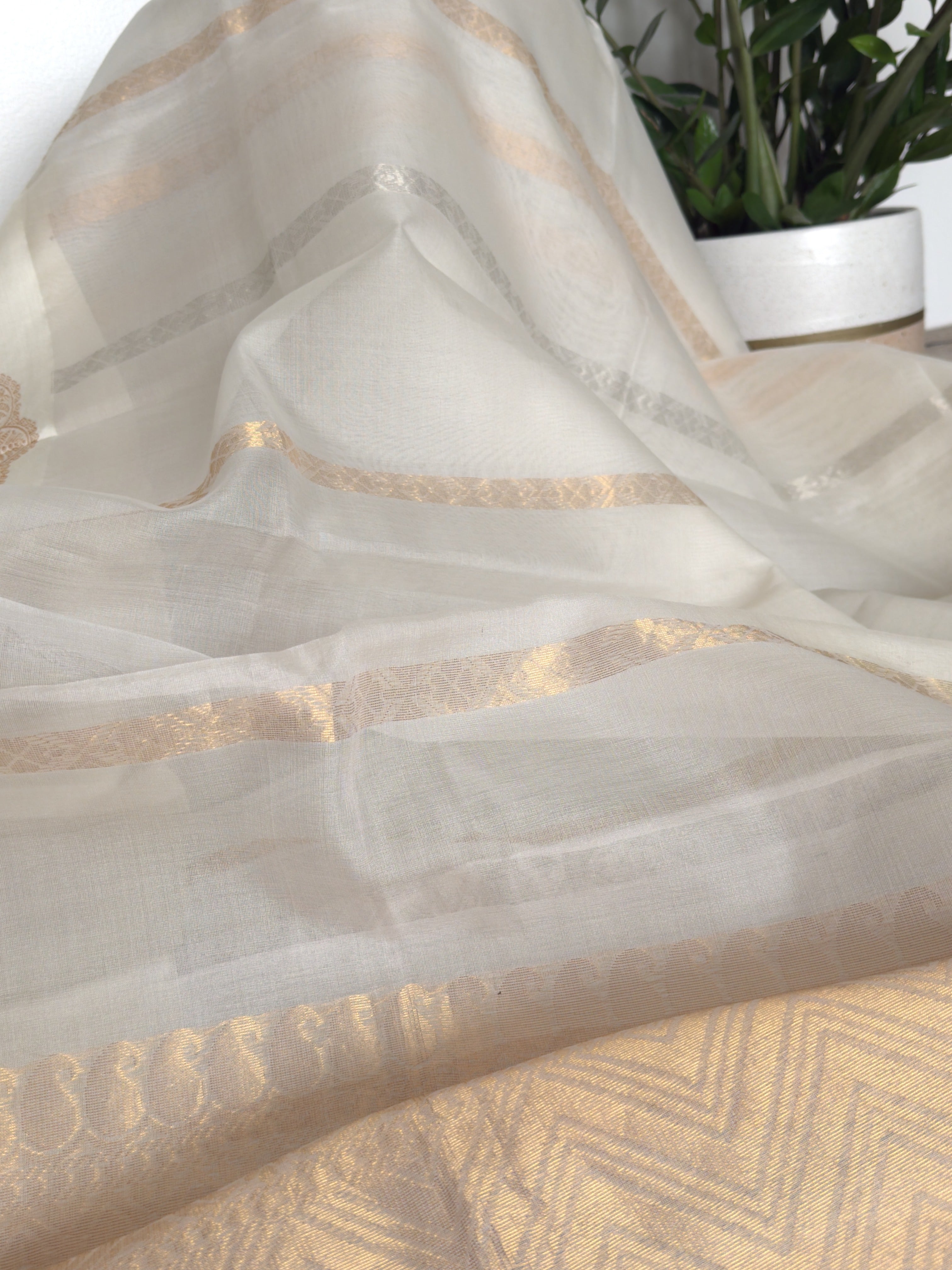 Off White Muslin Silk Flower Motif on Border