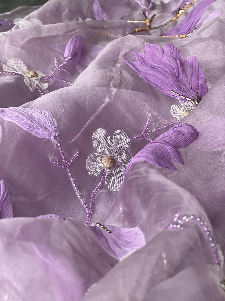 Pure Organza Silk Lavander - Hand work 3D applique