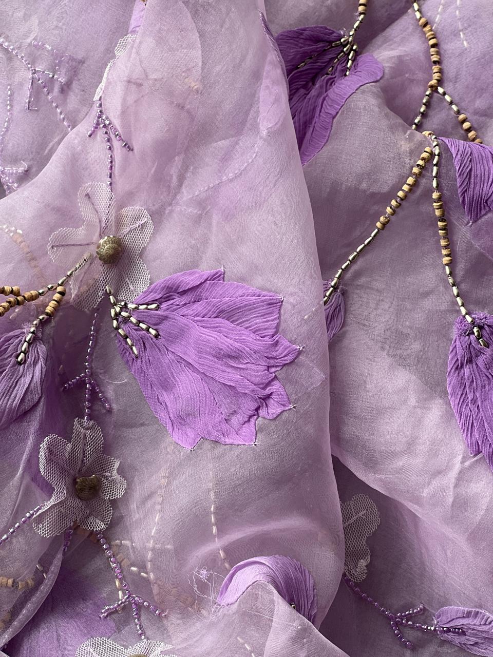 Pure Organza Silk Lavander - Hand work 3D applique