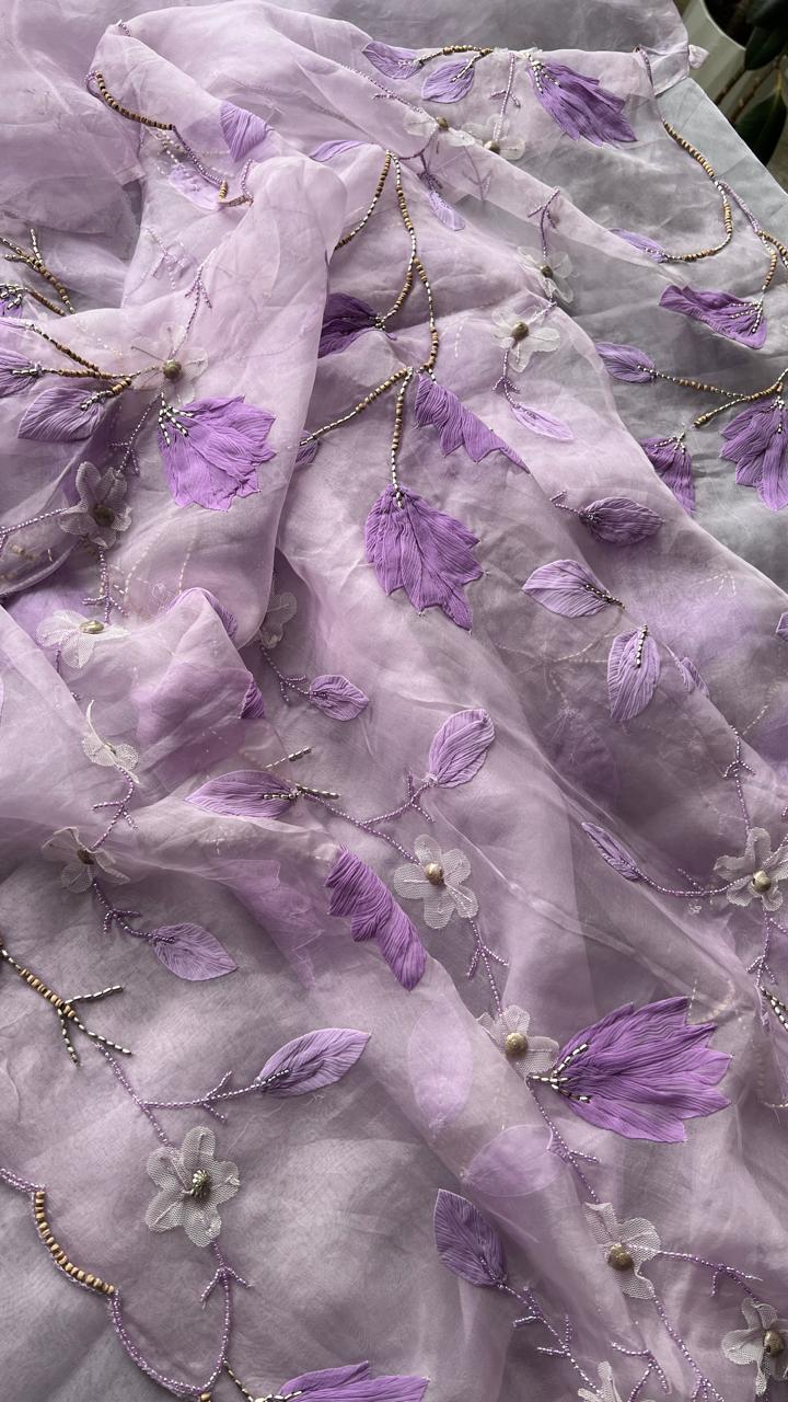 Pure Organza Silk Lavander - Hand work 3D applique