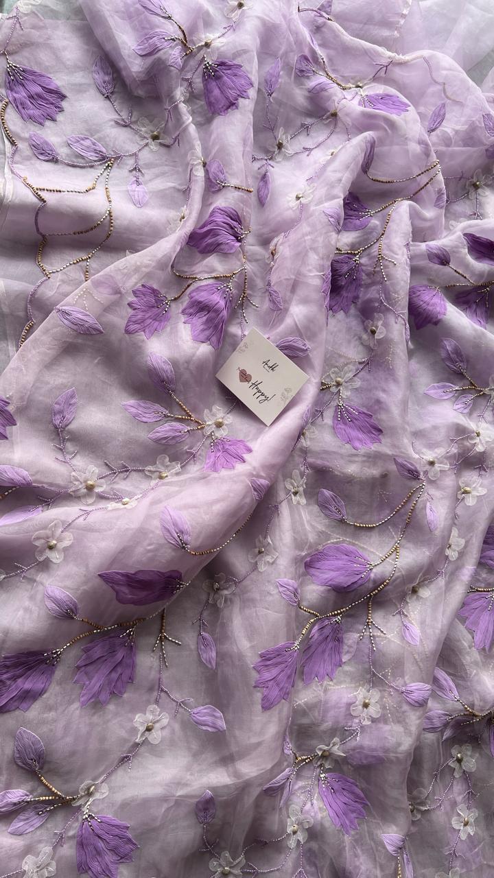 Pure Organza Silk Lavander - Hand work 3D applique