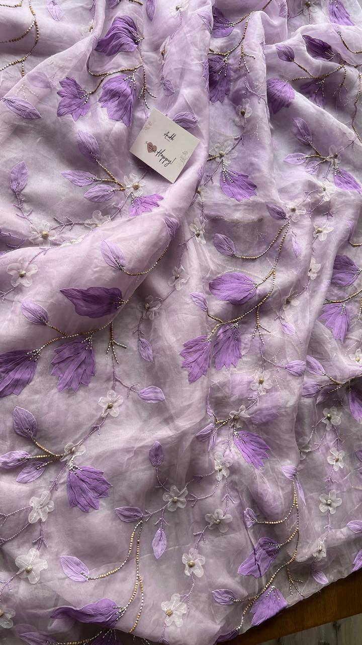 Pure Organza Silk Lavander - Hand work 3D applique