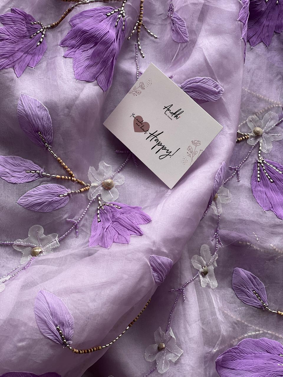 Pure Organza Silk Lavander - Hand work 3D applique