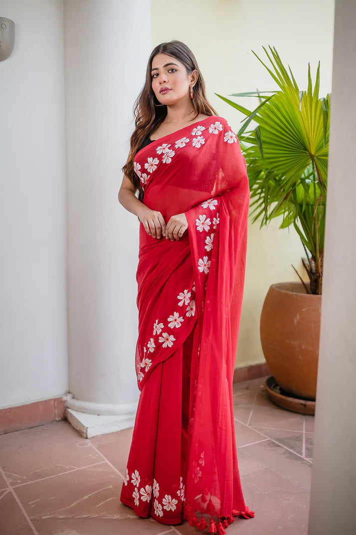 Red Hand Painted Mulmul Cotton Saree