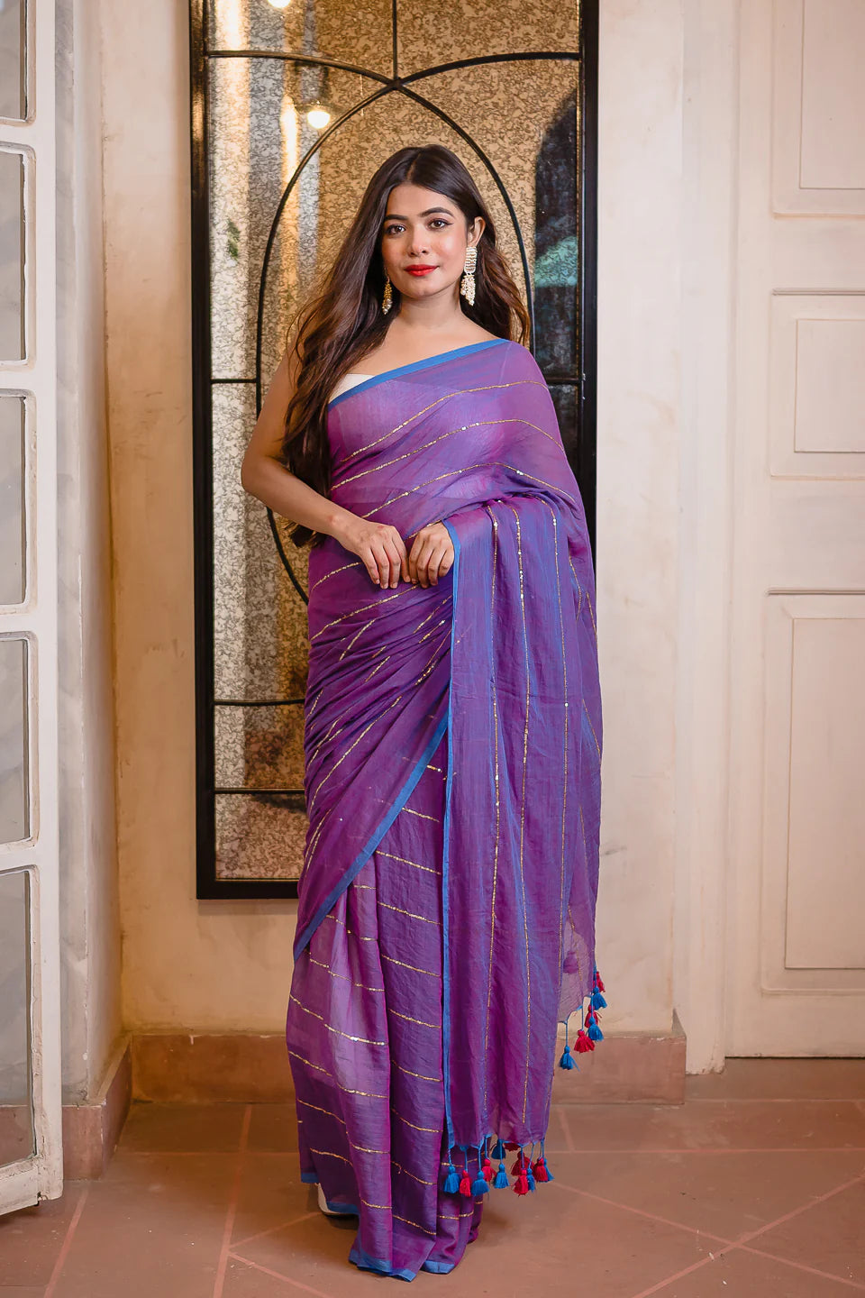 Purple Sequined Mulmul Cotton Saree