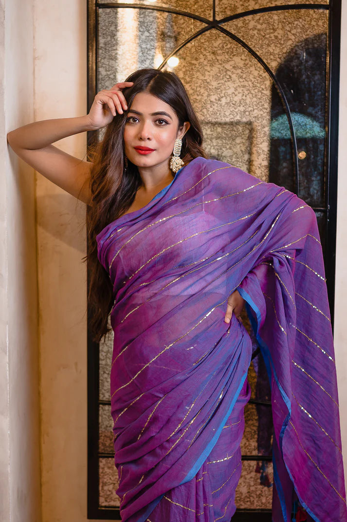 Purple Sequined Mulmul Cotton Saree