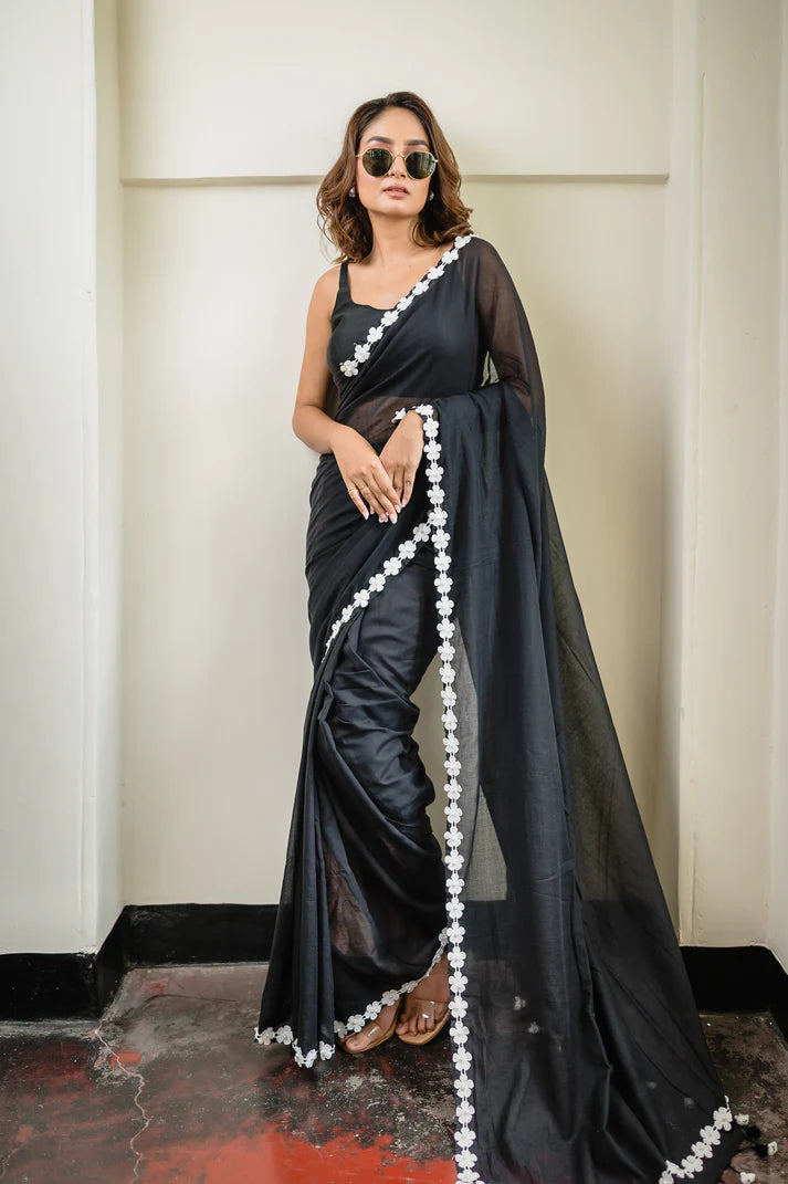 Flower Black Mulmul Cotton Saree