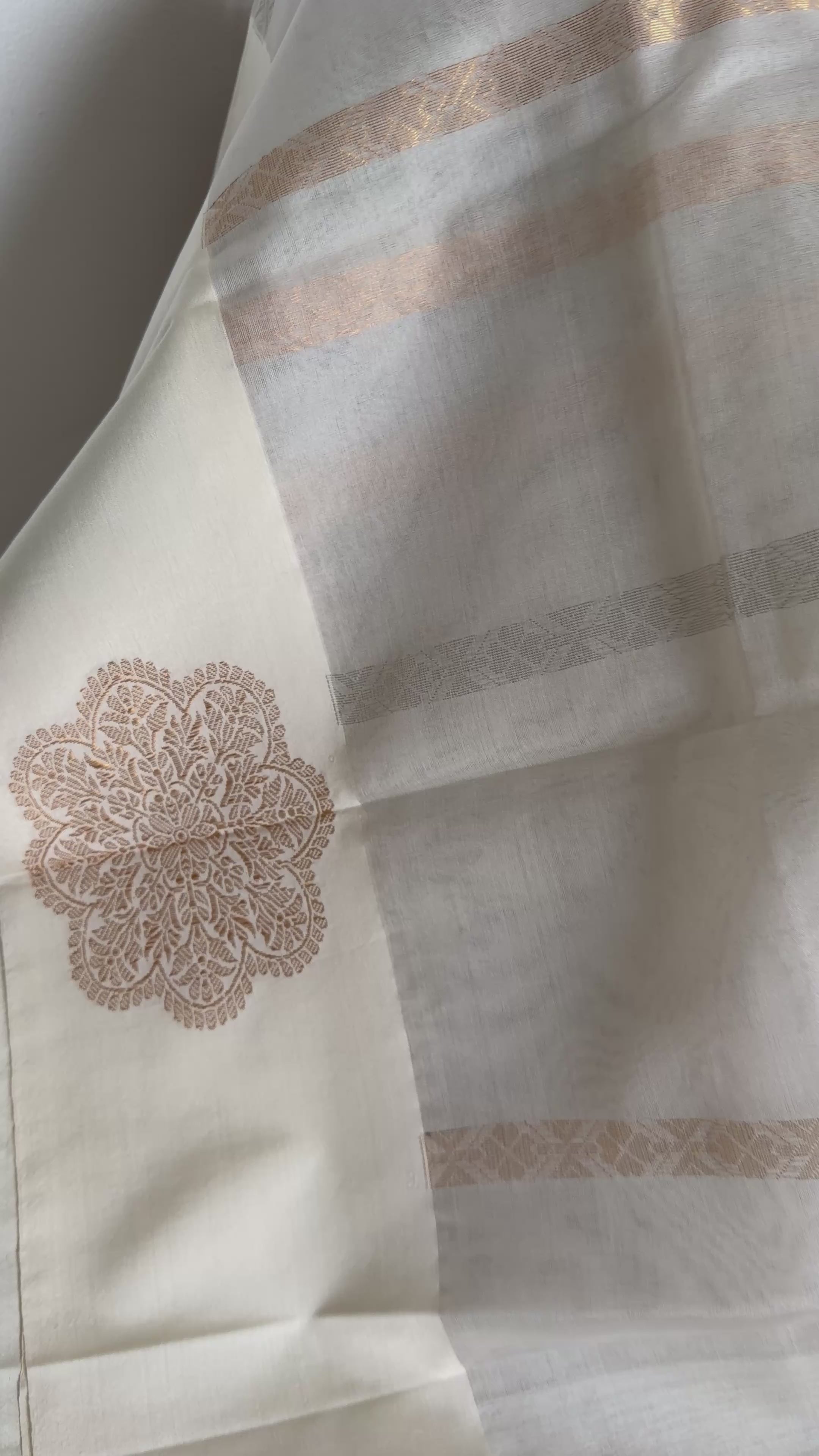 Off White Muslin Silk Flower Motif on Border