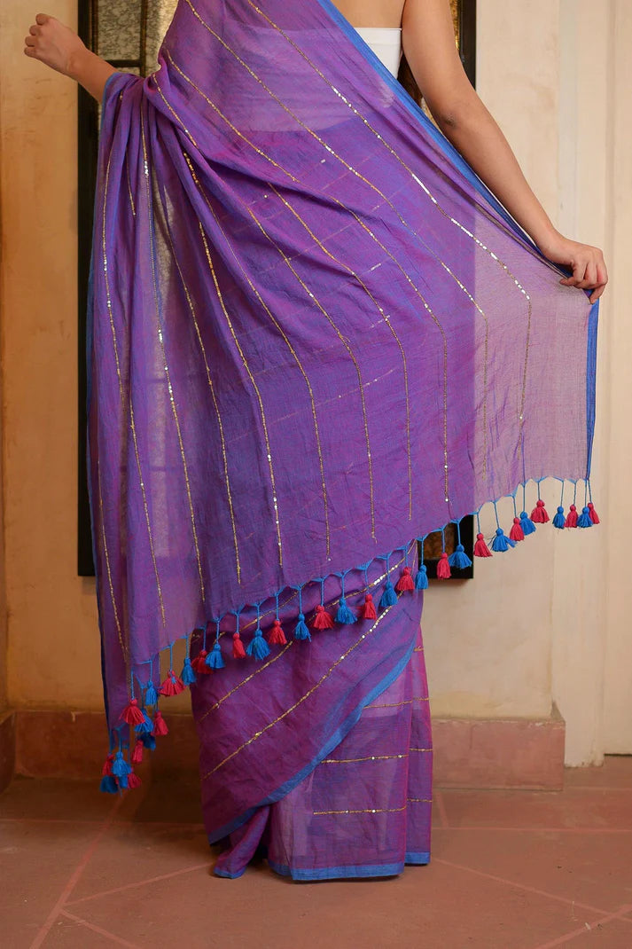 Purple Sequined Mulmul Cotton Saree