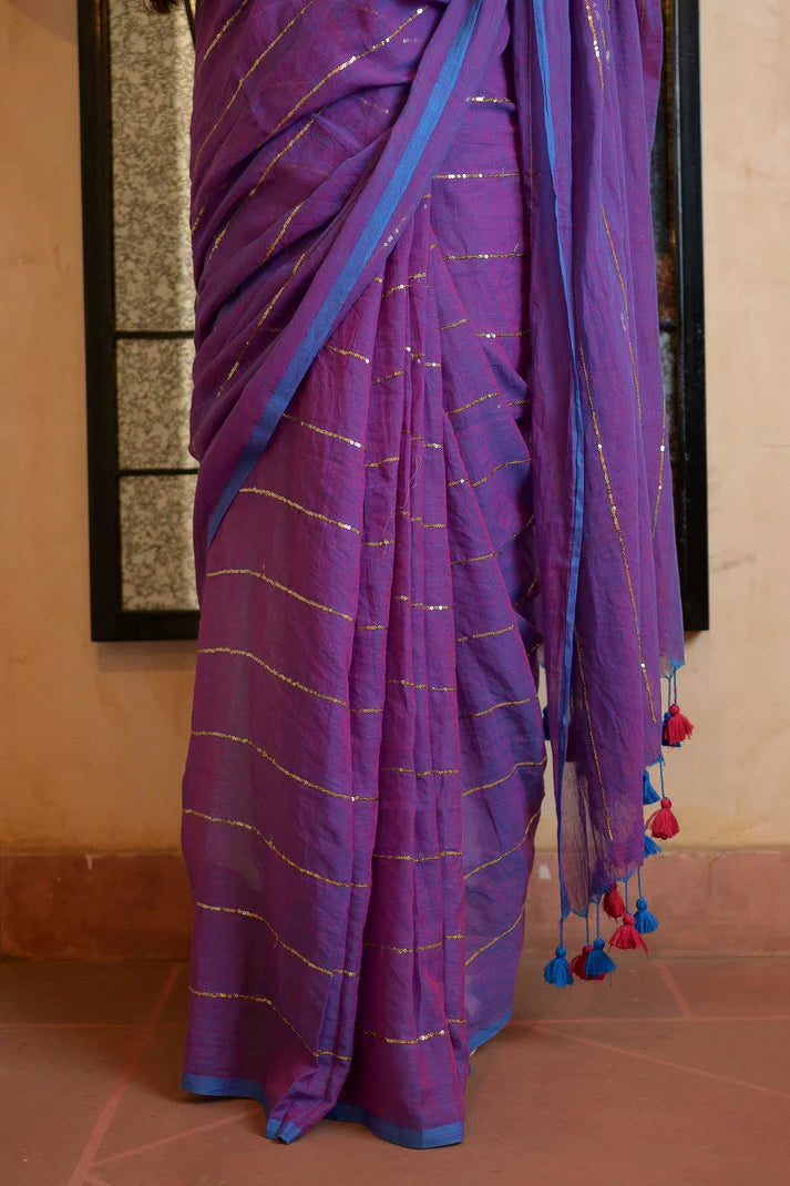 Purple Sequined Mulmul Cotton Saree