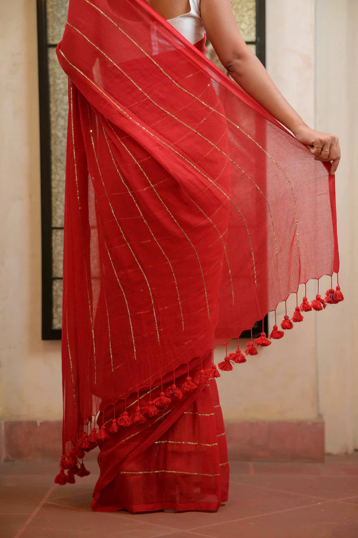 Red Sequined Mulmul Cotton Saree