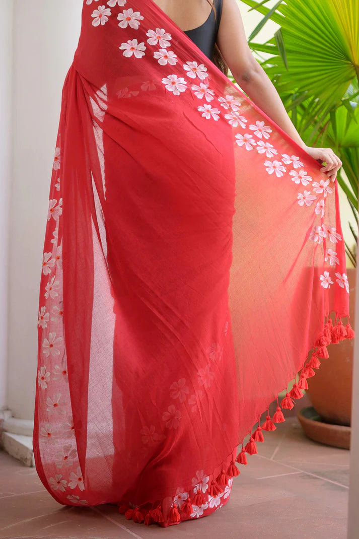 Red Hand Painted Mulmul Cotton Saree